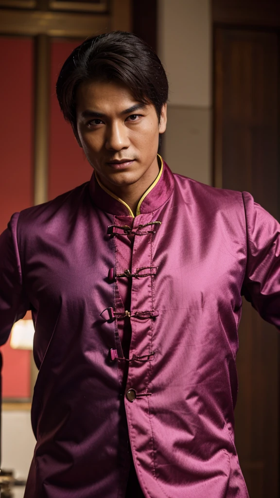 a man, duke, magenta Chinese clothes, close-up, half-body, (((bold)))
