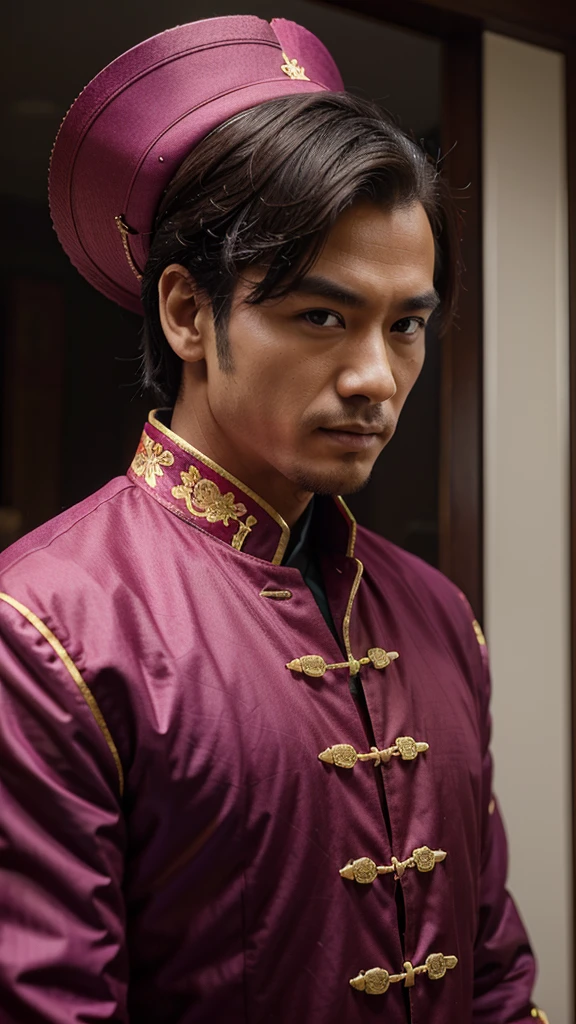 a man, duke, magenta Chinese clothes, close-up, half-body, (((bold)))