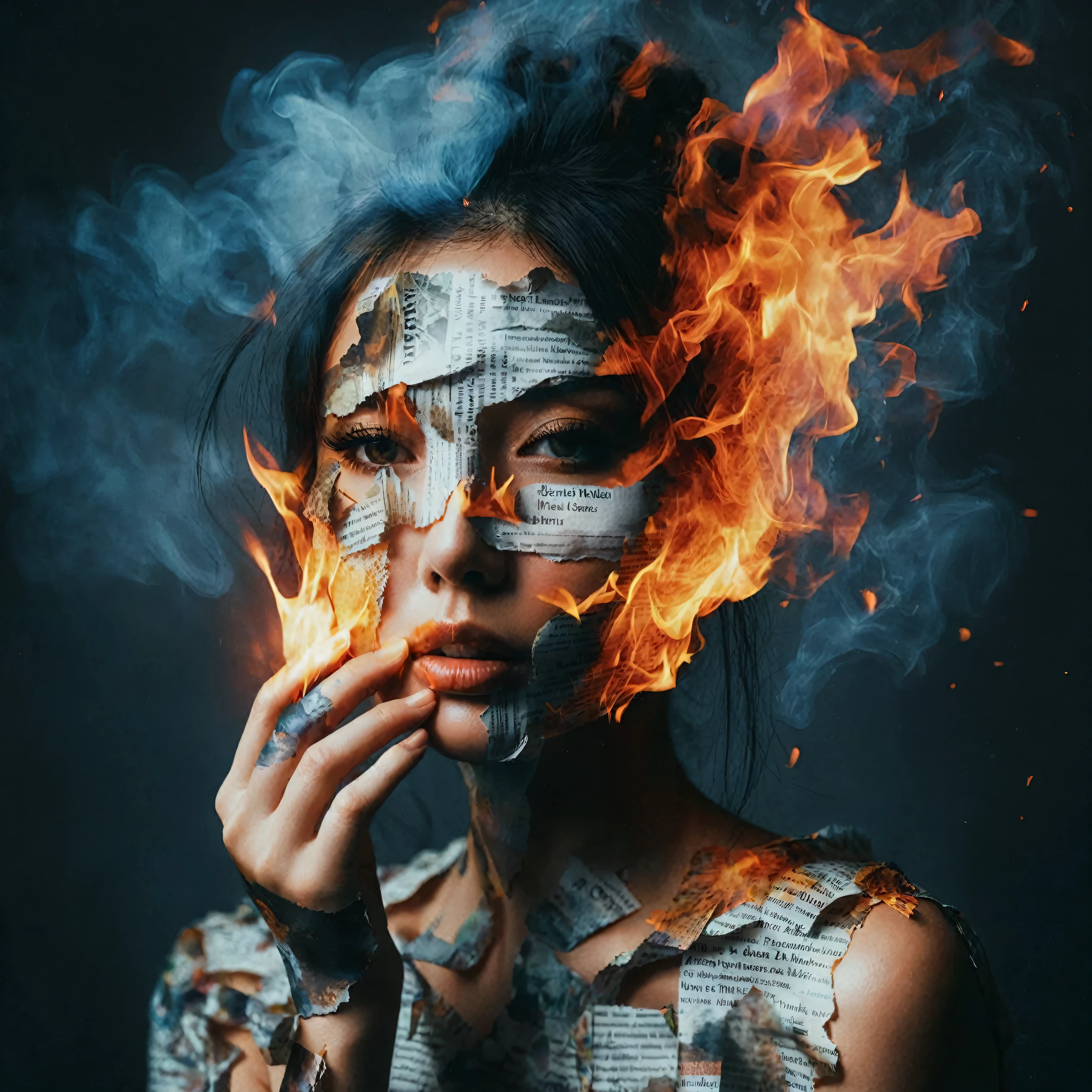 there is a woman with a piece of paper taped over her face, all face covered with a fire, stunning manipulated photo, fantasy art, newspaper photography, mixed media photography, brandon woelfel, her body made of flames, torn paper smouldering smoke, portrait featured on unsplash, a contemporary artistic collage, editorial photography, newspaper collage, profile picture, double exposure portrait, by Amelia Peláez