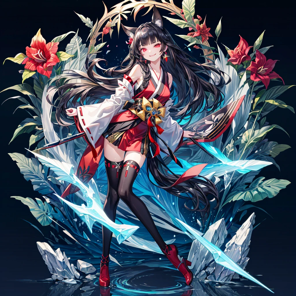 [(detailed Background:1.4)::5],Original,(Illustration:1.1),(Best Quality),(masutepiece:1.1),(the Extremely Detailed CG Unity 8K Wallpapers:1.1), (Colorful:0.9),(mid-shot:0.95),(very detailed beautiful full body),Dynamic Angle,(Solo:1.2), (girl),(((Adult))), (Detailed beautiful eyes:1.15), (Beautiful face:1.15), (glowing red eyes:1.25////),(black hair),paleskin，Pink pupils，Red bow，amaryllis，((Evil smile))，Crystal earrings on the ears，Raven feather skirt,full body,wearing miko thighhighs,((black long hair)),black long hair,