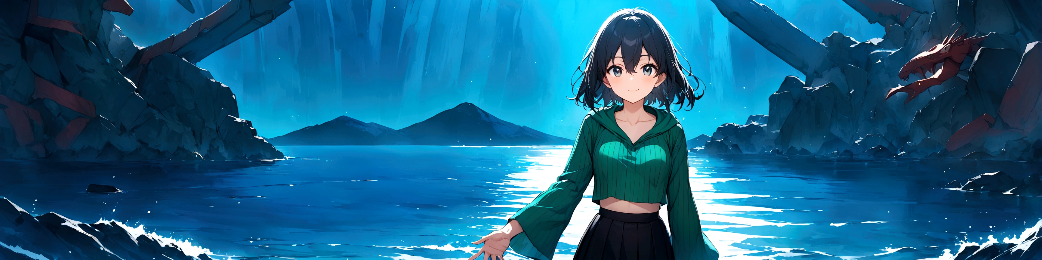 Masterpiece, Best Quality, Ultra high quality CG, YGO area, 1 girl, Alone, wide, looking at the viewer, Skirt, shirt, long sleeves, hair between the eyes, medium breasts, Closed mouth, clavicle, cowboy shot, pleated Skirt, open clothing, hood, wide sleeves, black Skirt, blue background, hood down, personal, tunica, green shirt, SMILE, happy, playing in the water, lake, duel monster, ribbed shirt, open tunica, hooded tunica