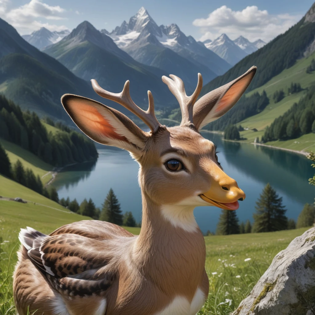 A detailed, hyperrealistic 4K illustration of a Bavarian Wilpertinger from a duck, a rabbit, and a deer, with a Tyrolean hat, with sharp edges, in a mountainous landscape in the background