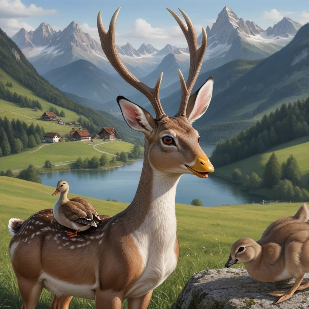 A detailed, hyperrealistic 4K illustration of a Bavarian Wilpertinger from a duck, a rabbit, and a deer, with a Tyrolean hat, with sharp edges, in a mountainous landscape in the background