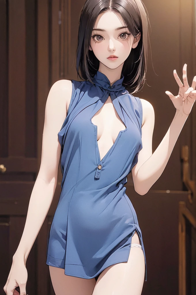 ((masterpiece, best quality)),((high resolution:1.3)), 1 Girl, solo, Cowboy Shot, Blurred Background, silky hair, (((Small breasts:1.3))), Thighs, (((cool Pose))), (Sleeveless mini dress), ((underwear)), pixie cut