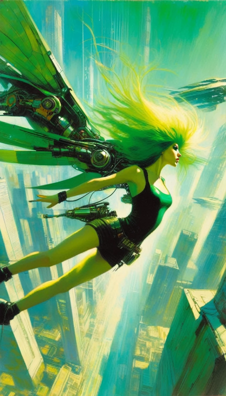 girl in the air, flying girl, very sexy girl, long green hair, punk look, with mechanical wings, flies over a futuristic city:1.5 (art inspired by Bill Sienkiewicz). oil painting)