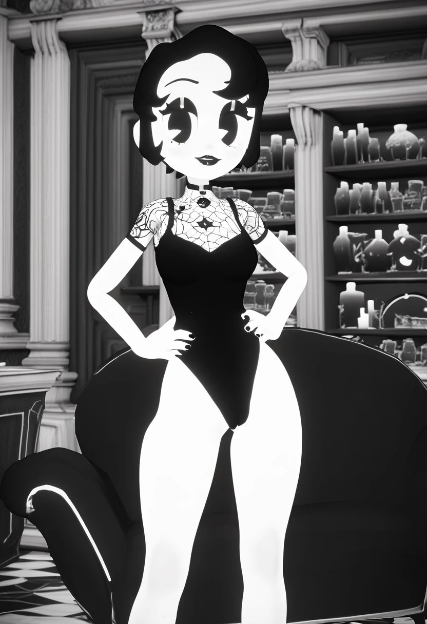 (best quality, masterpiece1.2), 1girl, solo, PumpkinPotion, Vtuber, 3d, 3d render, black and white, long sleeved leotard, latex leotard, black leotard, highleg leotard, cameltoe, hands on hips, Pacman eyes, Monochrome, greyscale,