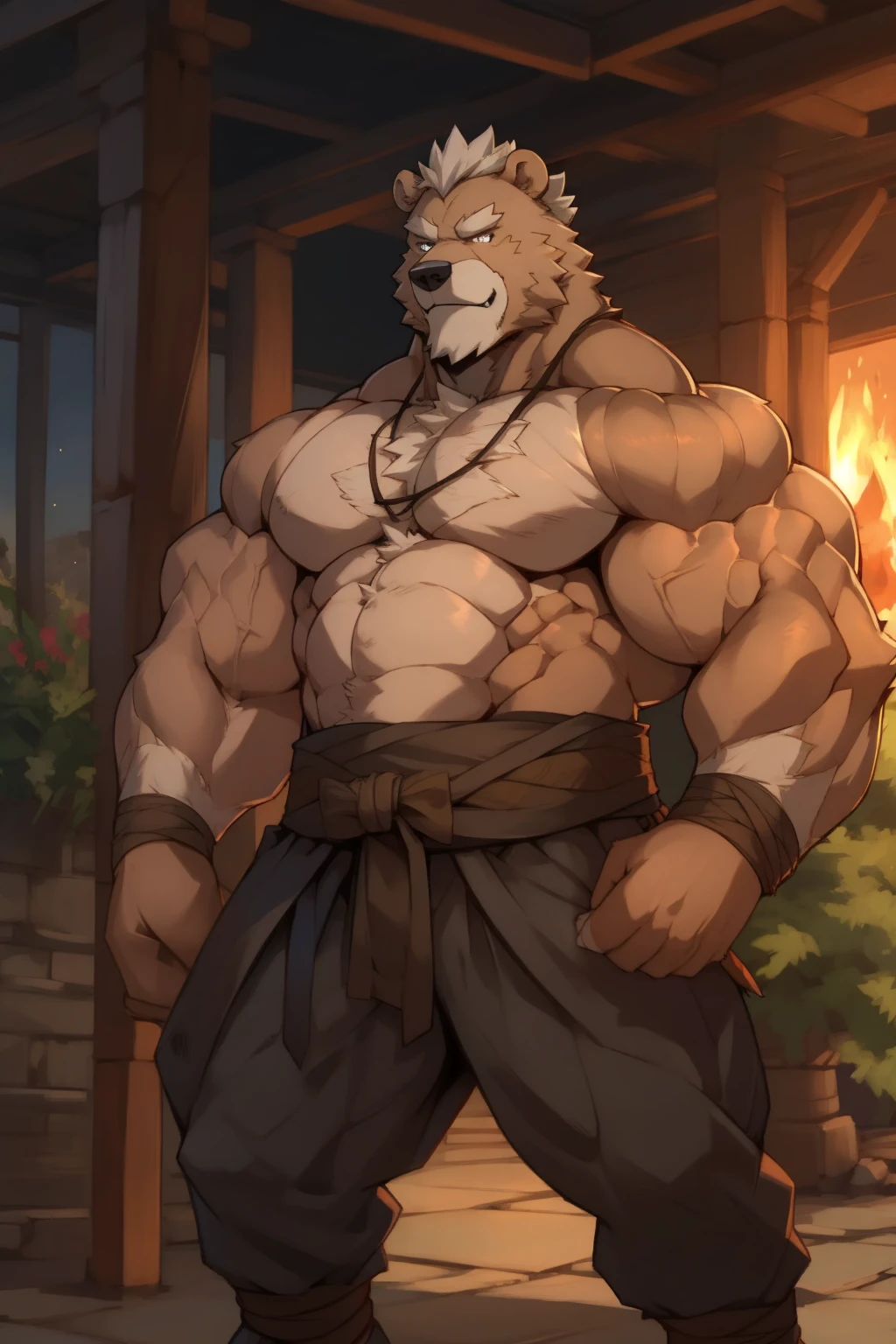 (a weathered and powerful ninja with a muscular build, old grizzly bear)
