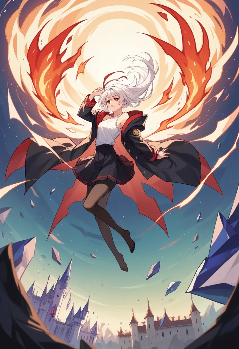 Kizi, long white hair loose, scarlet red eyes, white undershirt, black coat falling off the shoulders, Black Skirt, black transparent pantyhose, fire and ice power, night castle in the middle of the sea, 8K, high resolution, cinematic, realisitic.