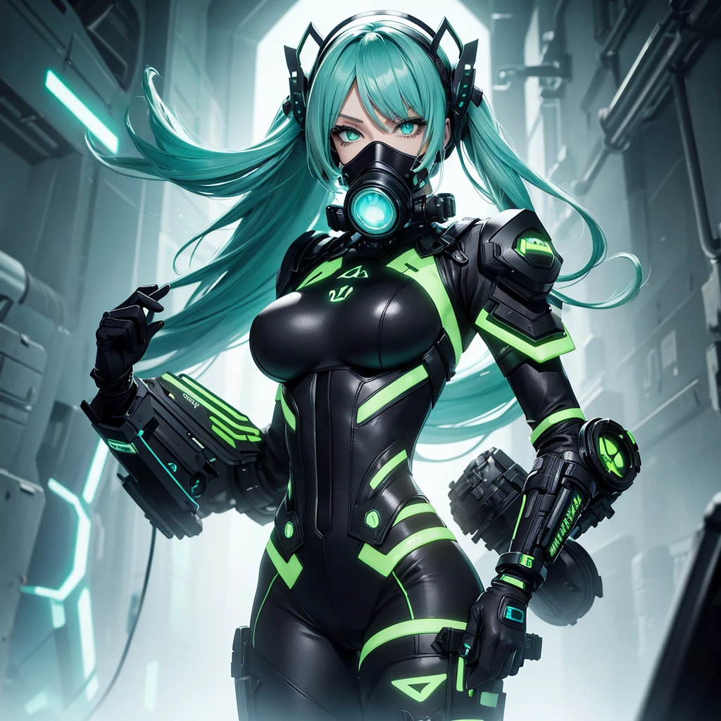 "A woman with long, straight cyan-green hair, wearing a futuristic gas mask with black and yellow accents. Her eyes are bright yellow. She is dressed in a tight, revealing outfit with black and gray accents, including a symbol of biohazard. She wears black gloves with yellow accents. The background is shadowy with dark shadows and hazy skulls in shades of gray and cyan green, creating an atmosphere of danger and mystery."