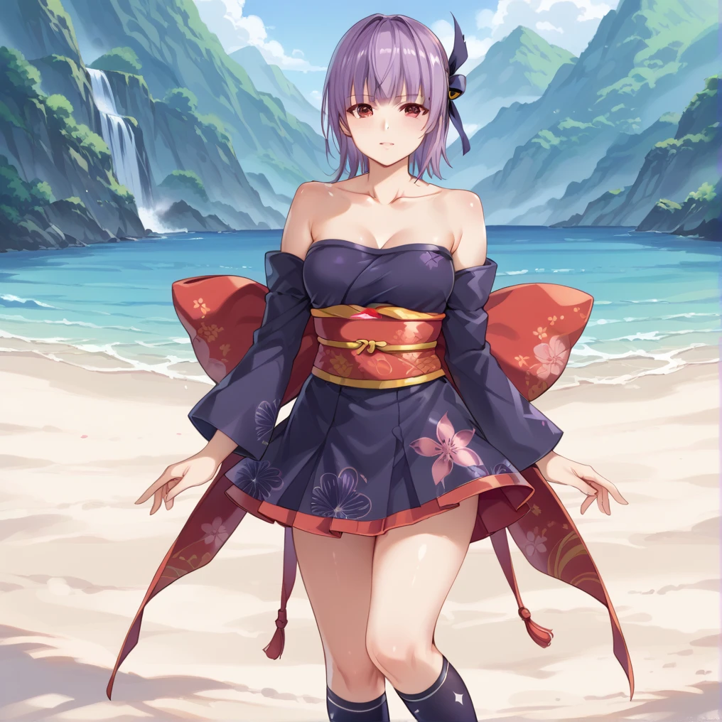 score_9, score_8_superior, score_7_superior, masterpiece, high quality, , Super detailed, 超high quality, 8K,
Ayane, Red Eye, Purple Hair, short hair, headbanDayaneclassic, Removable sleeves, kimono, Purple knee socks, mini skirt,   Day本庭園で, Day,, Put your hand on your collarbone, Place your hand on your collarbone, Create seductive and attractive poses