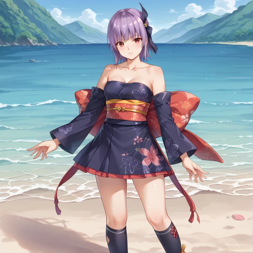 score_9, score_8_superior, score_7_superior, masterpiece, high quality, , Super detailed, 超high quality, 8K,
Ayane, Red Eye, Purple Hair, short hair, headbanDayaneclassic, Removable sleeves, kimono, Purple knee socks, mini skirt,   Day本庭園で, Day,, Put your hand on your collarbone, Place your hand on your collarbone, Create seductive and attractive poses