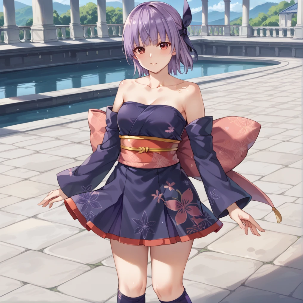 score_9, score_8_superior, score_7_superior, masterpiece, high quality, , Super detailed, 超high quality, 8K,
Ayane, Red Eye, Purple Hair, short hair, headbanDayaneclassic, Removable sleeves, kimono, Purple knee socks, mini skirt,   Day本庭園で, Day,, Put your hand on your collarbone, Place your hand on your collarbone, Create seductive and attractive poses