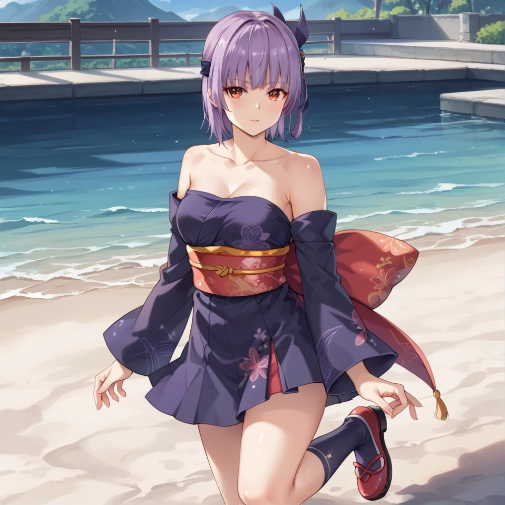 score_9, score_8_superior, score_7_superior, masterpiece, high quality, , Super detailed, 超high quality, 8K,
Ayane, Red Eye, Purple Hair, short hair, headbanDayaneclassic, Removable sleeves, kimono, Purple knee socks, mini skirt,   Day本庭園で, Day,, Put your hand on your collarbone, Place your hand on your collarbone, Create seductive and attractive poses