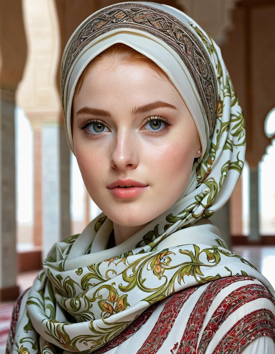 photography full body portrait of very beautiful realistic girl, inside Mosque, porcelain skin, very fair skin, very pale skin, redhead, wavy, ponytail, very detail skin texture, hazel eyes, slanted eyes, small nose, small nostril, think curved eyebrow, thick bottom lip, seductive gaze, cry face, unique face, wear a headscarf hijab, detail photo, realistic photo, master piece picture, sharp picture, outdoor clear daylight, 