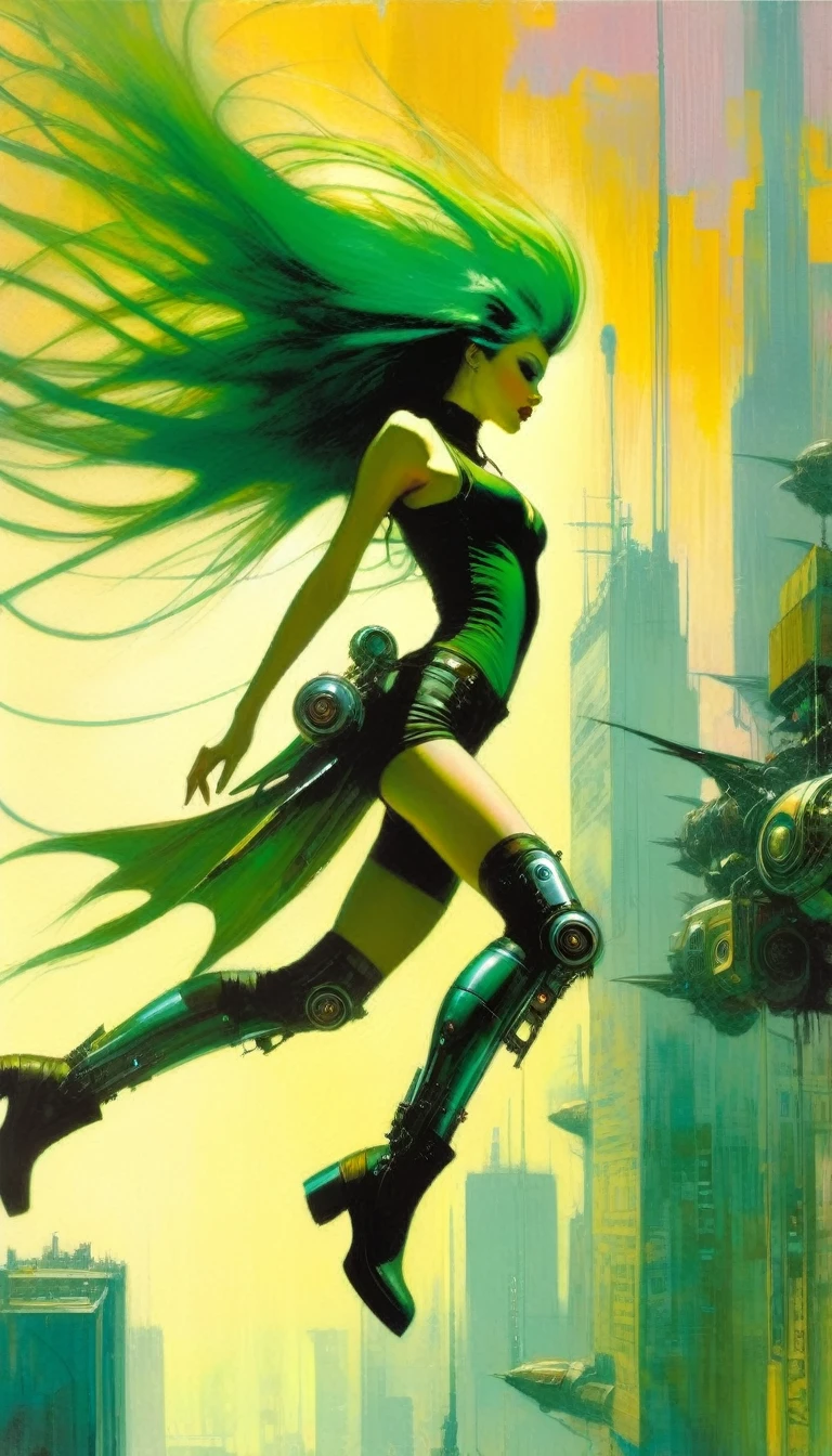 girl in the air, flying girl, very sexy girl, long green hair, punk look, with mechanical wings, flies over a futuristic city:1.5 (art inspired by Bill Sienkiewicz). oil painting)