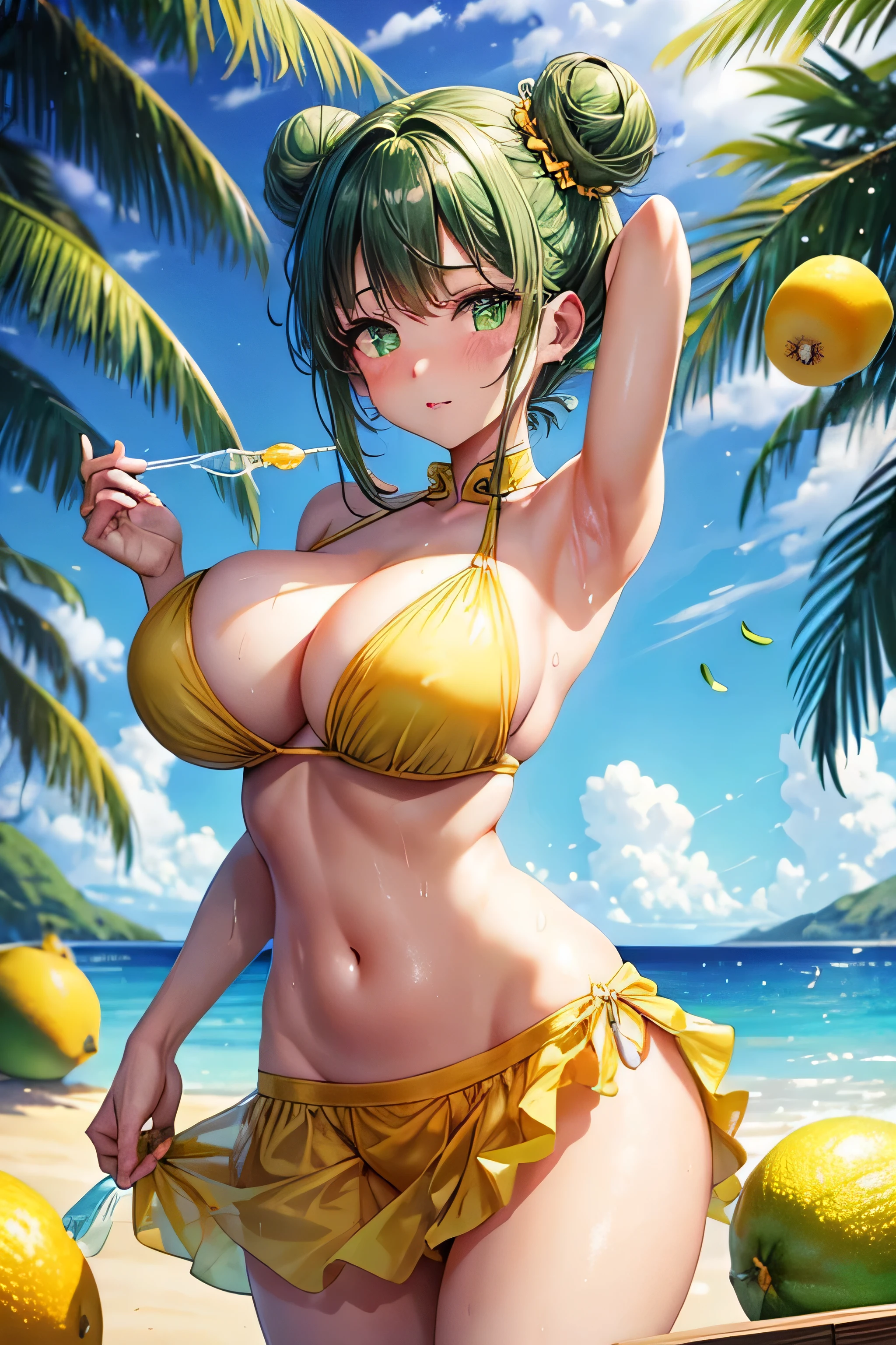 High resolution, high quality, One girl, Anime Girls, dark green hair,short hair,double bun,green eyes, heart shaped pupils,Glowing Skin, Super big breasts, HH-sized breasts,beautiful breasts,pointy breasts,(Big Ass),beautiful ass,Embarrassed,China dress,lower body,sweat,wet,(open legs),arms behind head,at Beach,(Kiwi juice),(lemon juice),(orange juice),(Pineapple juice),(Mango juice),(water),