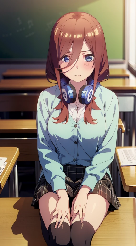 alone, 1 girl, looking at the viewer, 2D, anime, anime coloring, high quality, alone, contrasting, Miku Nakano, Headphones around the neck, looking at the viewer,((table top, 最high quality, High resolution, nffsw, perfect pixel, 4k, nffsw, nffsw))), 1 girl, alone, beautiful woman、I could see the whole body,((detailed face, blush:1.2)), ((smooth texture:0.75, realistic texture:0.65, realistic:1.1, animeCGスタイル)), medium breasts, dynamic angle, perfect body, ((school uniform, white shirt, black skirt, unbuttoned shirt、plaid skirt、not wearing shoes、white socks)), classroom without people、sit at desk、lower'I took my foot off the desk..............................、evening、、、Very embarrassing panic smile、(lift the skirt with your right hand、open your legs、open your knees wide、light blue floral lace panties)、、(cute floral bra)、angle from below,
love juice,
pussy juice,
pussy juice stain,