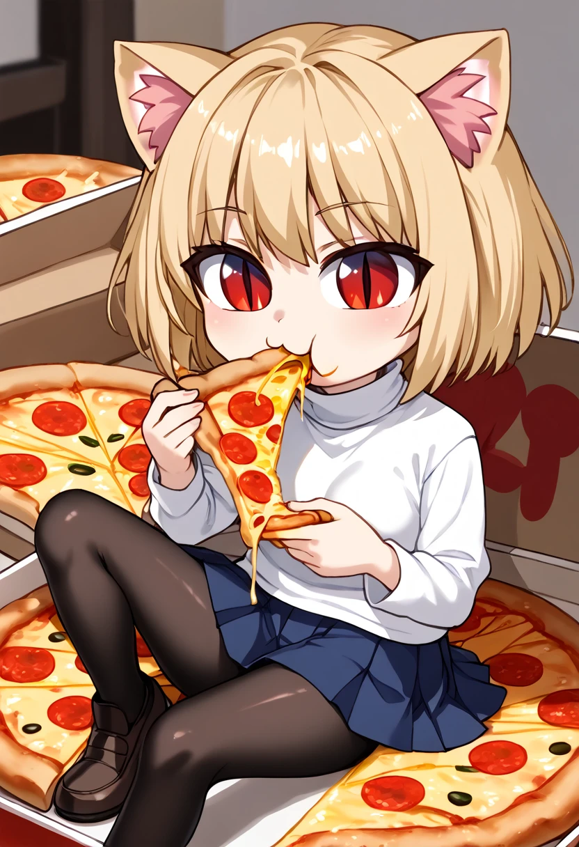 necoarc, slit pupils, cat ears, blonde hair, red eyes, chibi, :3, turtleneck, cute, blue skirt, pleated skirt, pantyhose, brown footwear, (((eating a slice of pizza)))
