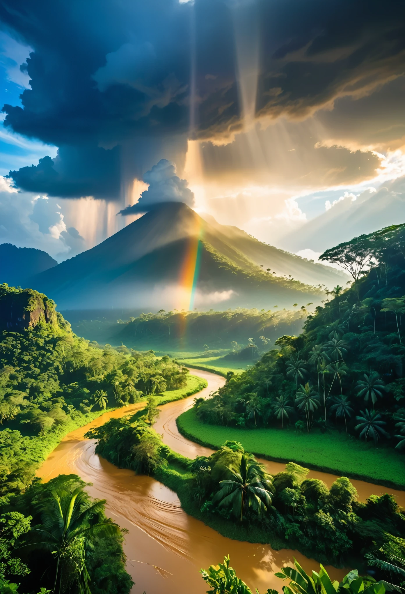((masterpiece)), (((best quality))), ((Extremely detailed)), (Astonishing:1.1), beautiful, nature, sky and ground, Strong wind, Rain, Line Cloud,Rays of light coming from the clouds, Located in a remote jungle,There are jungle wildlife and animals, Award-winning photos, BLN-L24, touch,High contrast,Low saturation,High saturation 8k 3D, F2.8 Lenses, Aerial View, light