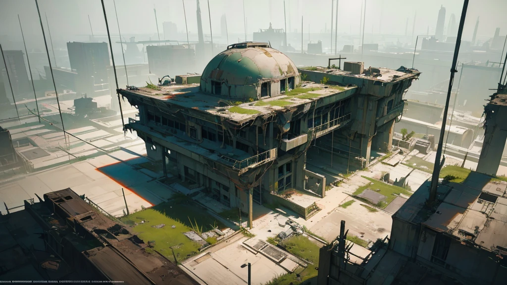 a futuristic abandoned cosmodrome, medical facility, aerial view, intricate architecture, advanced technology, decaying structures, overgrown vegetation, sunlight streaming through windows, shafts of light, atmospheric lighting, cinematic composition, muted color palette, sense of abandonment and decay, photorealistic, 8k, highly detailed
