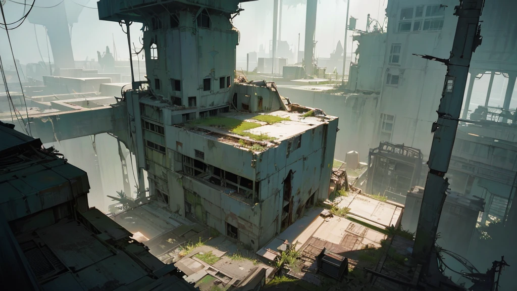a futuristic abandoned cosmodrome, medical facility, aerial view, intricate architecture, advanced technology, decaying structures, overgrown vegetation, sunlight streaming through windows, shafts of light, atmospheric lighting, cinematic composition, muted color palette, sense of abandonment and decay, photorealistic, 8k, highly detailed