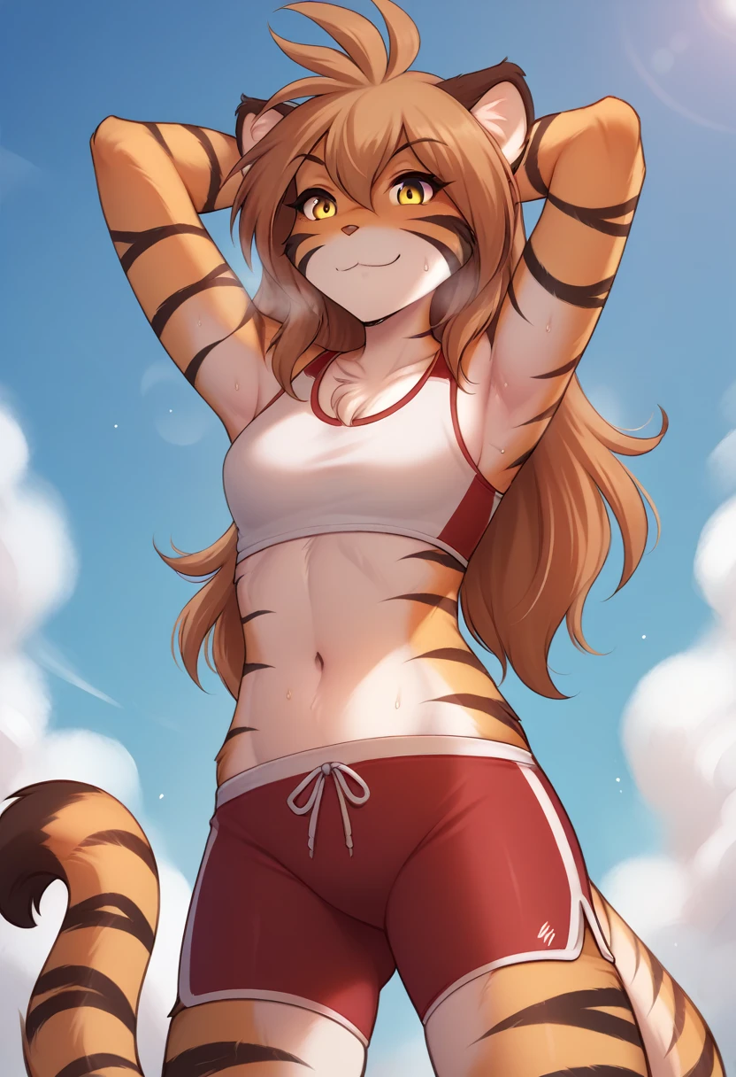 score_9, score_8_up, score_7_up, score_6_up, score_5_up, score_4_up, rating_safe, source_furry, a female anthro fluffy, 1girl, solo, female, furry, anthro, fluffy tail, small breasts, tiger, striped fur, yellow eyes, anthro, confused smile, light (blush:1.05), (sweat, sweaty, steam:1.2), (bottom view:1.1), sports ground background, flora-twokinds, standing, looking at viewer, (shy:1.2),  hands behind head, personalamistyle, (sport  outfit:1.15), (after workout:1.2), sport water bottle