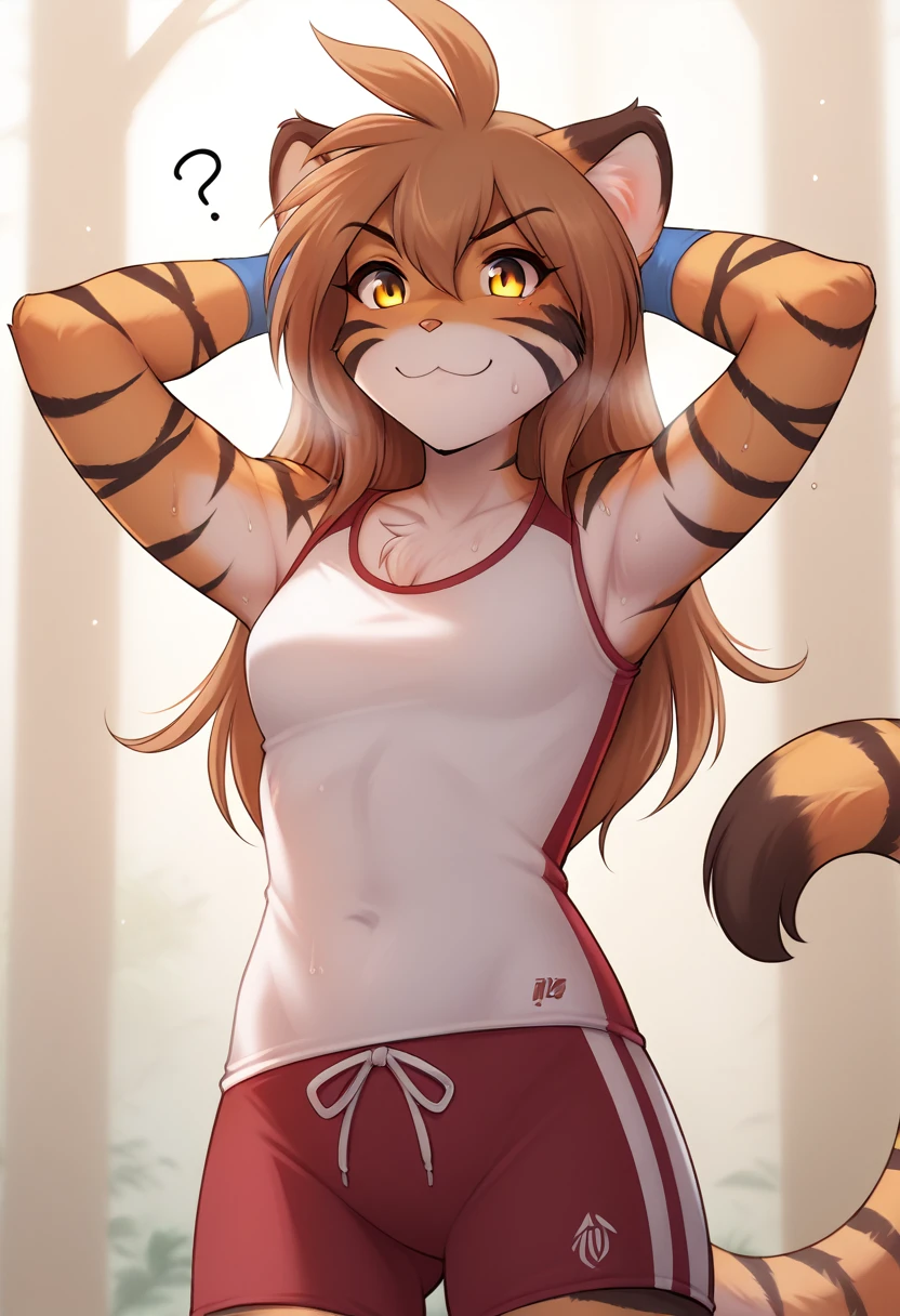 score_9, score_8_up, score_7_up, score_6_up, score_5_up, score_4_up, rating_safe, source_furry, a female anthro fluffy, 1girl, solo, female, furry, anthro, fluffy tail, small breasts, tiger, striped fur, yellow eyes, anthro, confused smile, light (blush:1.05), (sweat, sweaty, steam:1.2), (bottom view:1.1), sports ground background, flora-twokinds, standing, looking at viewer, (shy:1.2),  hands behind head, personalamistyle, (sport  outfit:1.15), (after workout:1.2), sport water bottle