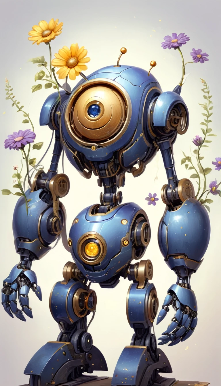 a wooden robot holding a mortarboard. The robot must have a complex design with visible joints and mechanical parts., mainly made of wood. The robot head should be slightly tilted., focusing intensely on the flower in his hand. The flower must be a daisy with orange and yellow petals., looking fragile and beautiful. The background must be a summary., impressionistic mix of soft colors, including blue ones, Purples, and touches of yellow, with thick, Textured brush strokes. Small flowers should be scattered in the background., adding a whimsical touch to the scene. The general mood should be a mix of curiosity and serenity., with a touch of melancholy.