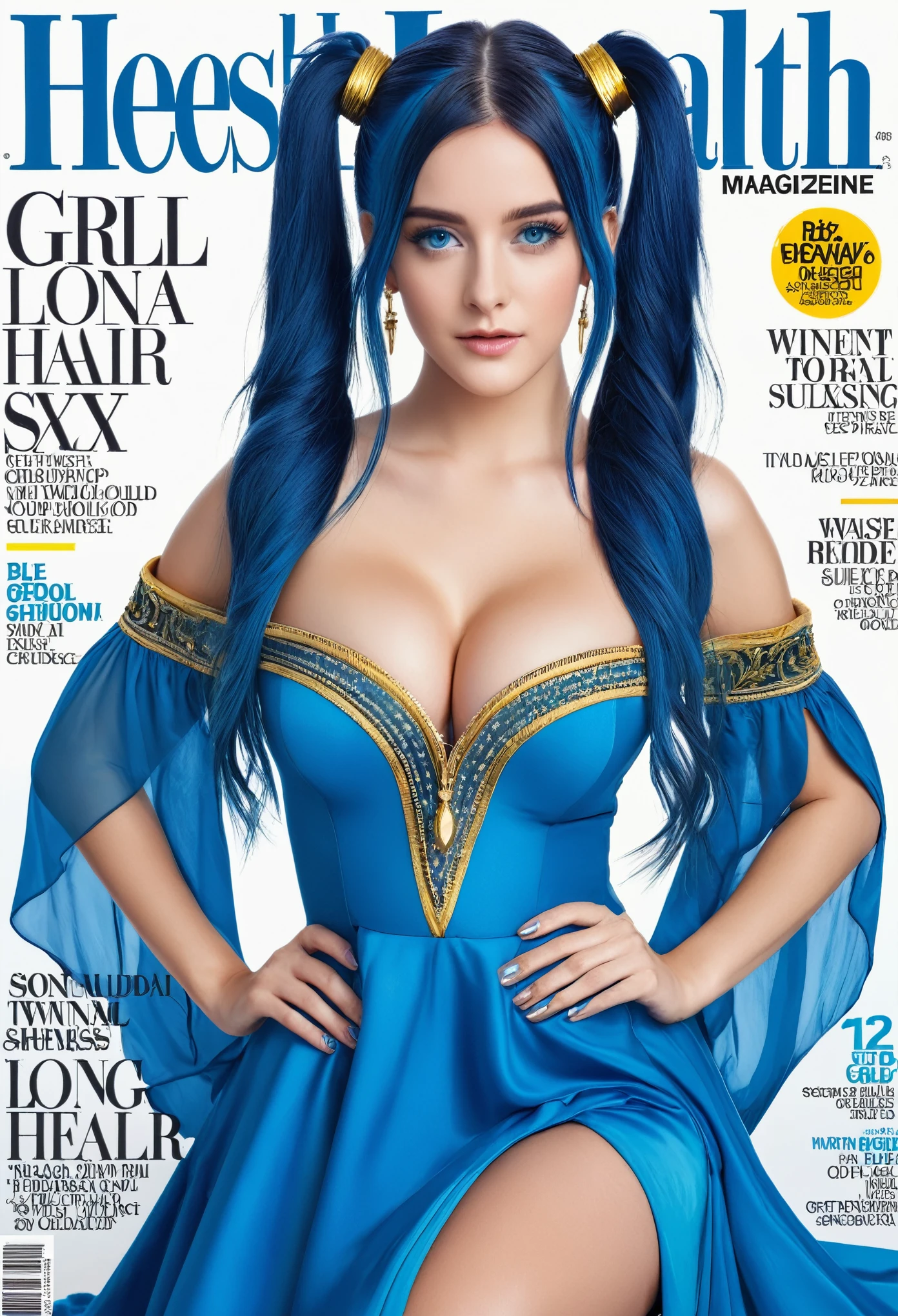 men's health magazine cover of 1girl long hair sexy adult woman sona, blue hair, blue eyes, gradient hair, twintails, hair ornament, long hair, off shoulder, blue dress with gold trim, cleavage, wide sleeves, PA7_Photo