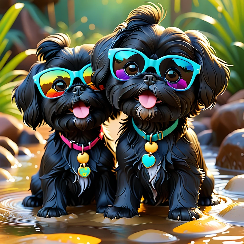 2 Adorable small black Shih Tzu puppies wearing bright sunglasses playing in mudd Disney background 3d cartoon 3d render disney pixar style