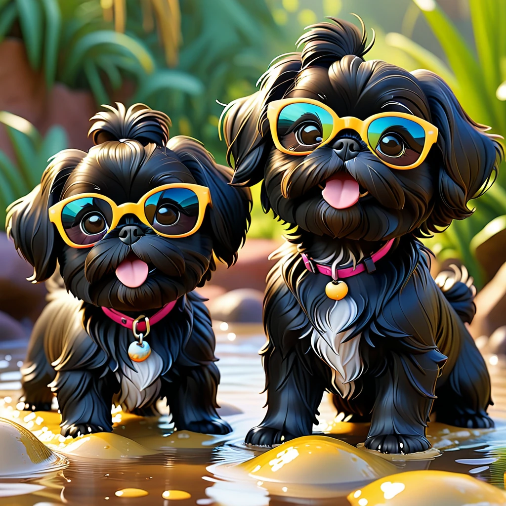 2 Adorable small black Shih Tzu puppies wearing bright sunglasses playing in mudd Disney background 3d cartoon 3d render disney pixar style