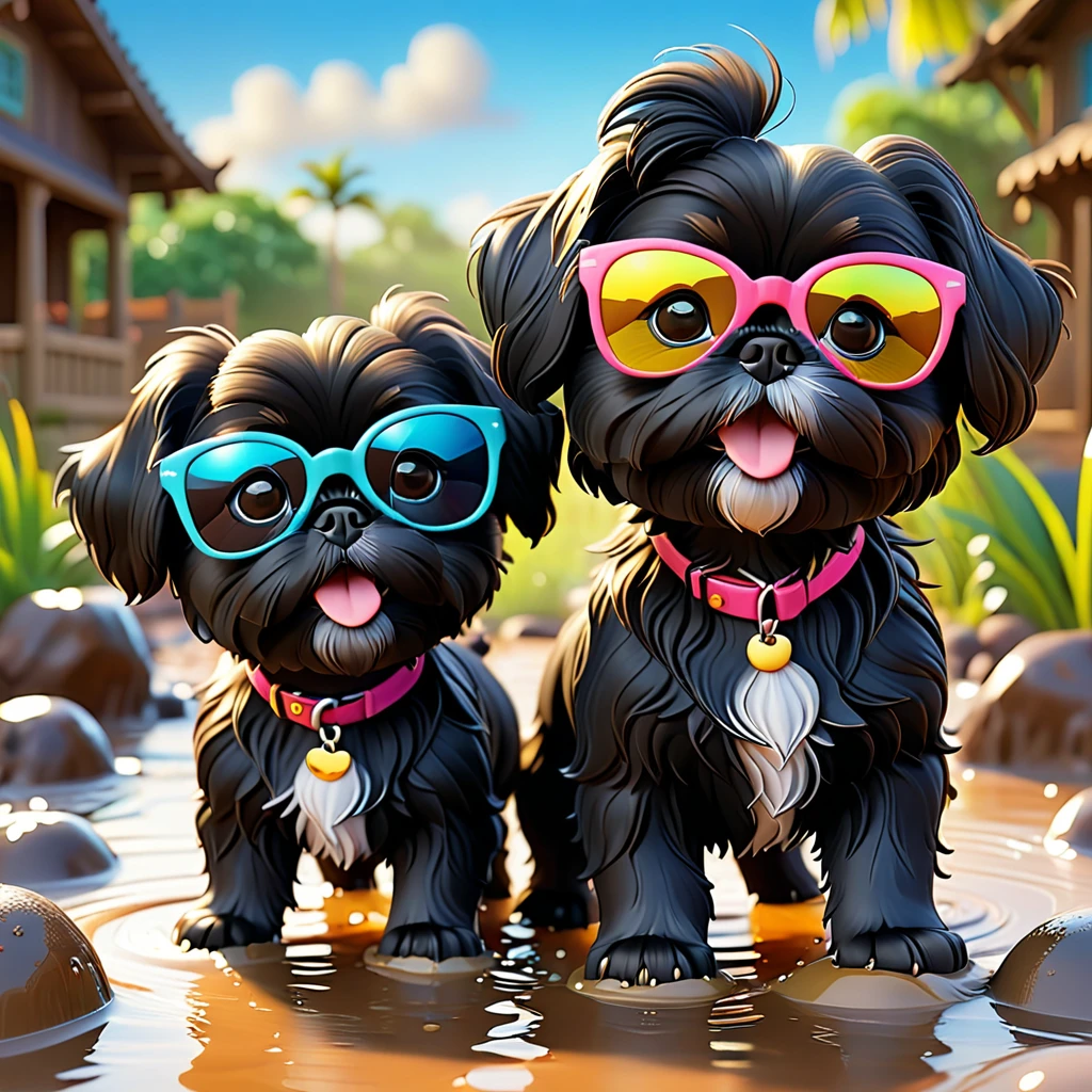 2 Adorable small black Shih Tzu puppies wearing bright sunglasses playing in mudd Disney background 3d cartoon 3d render disney pixar style