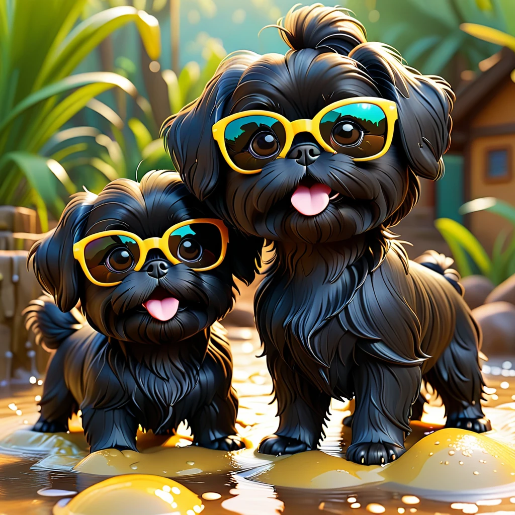 2 Adorable small black Shih Tzu puppies wearing bright sunglasses playing in mudd Disney background 3d cartoon 3d render disney pixar style