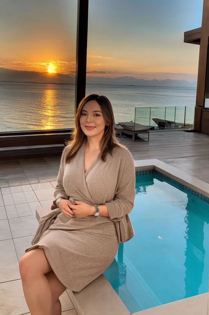 highest quality、4K、Perfect Face、Perfect Style、perfect body、Sunburn、beautiful lady、mature、long curly layer brown hair、Swept-back hair、sexy 、charming、healthy、smile、 BREAK infinity pool 、ocean,sunset,golden hour lighting,luxurious lounge chairs,modern architecture,prikura style