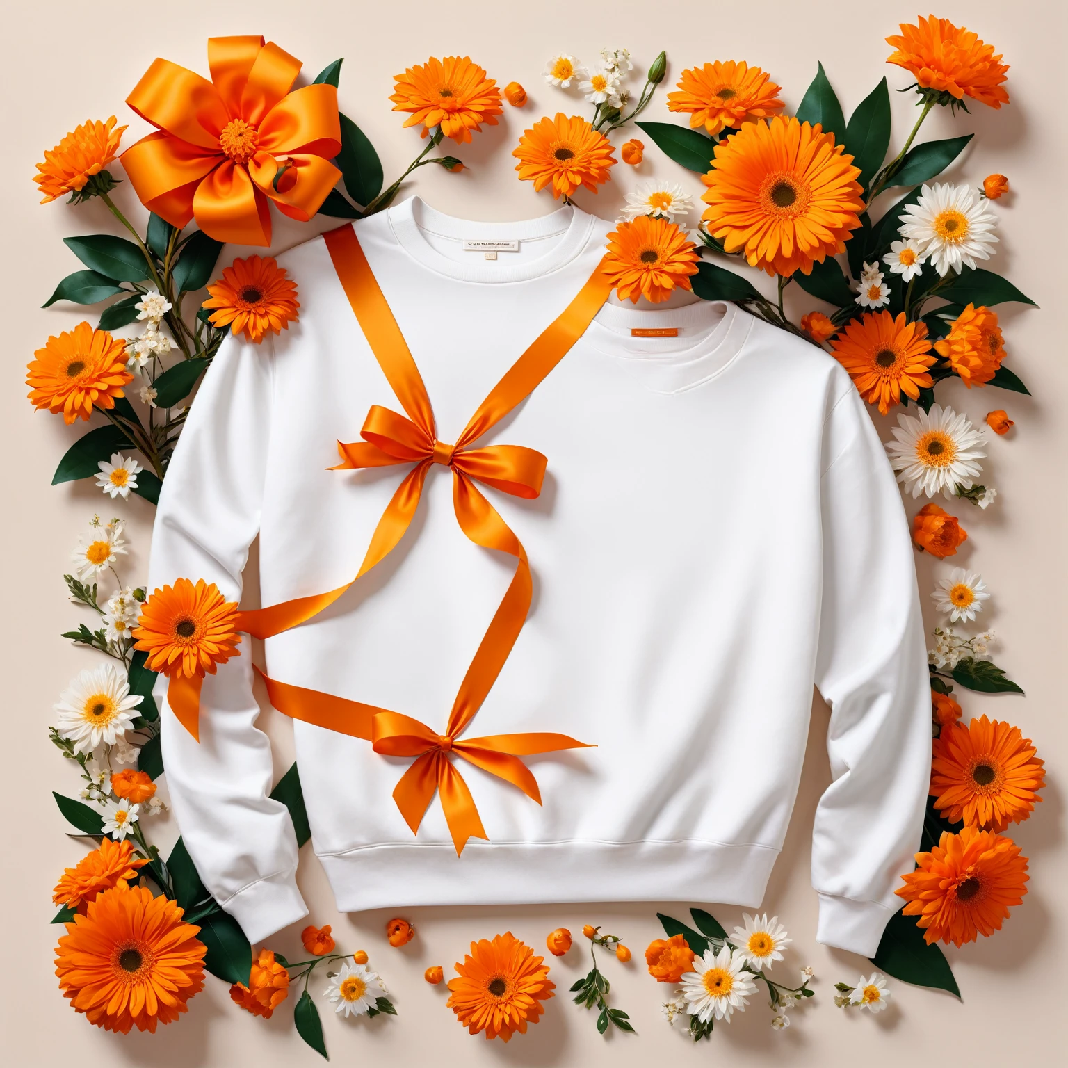 poster design，There is a huge orange gift box around the neck，Ribbon，White crewneck shirt，fantasy，Minimalism，fantasy，Flowers