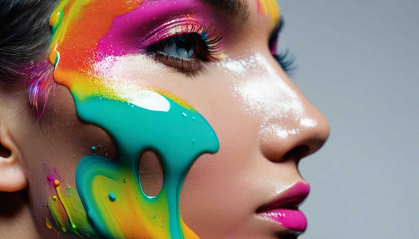 close-up face of a woman with colorful liquid on face, side view