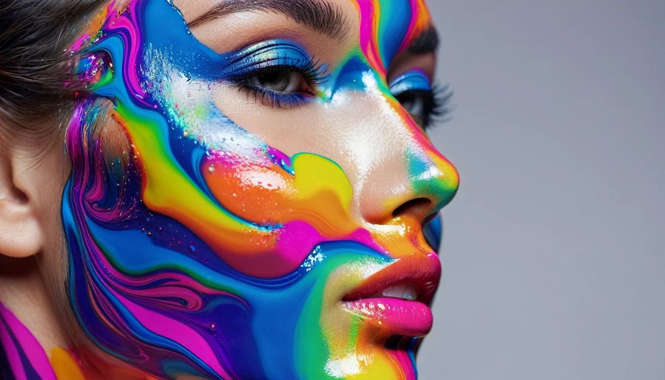 close-up face of a woman with colorful liquid on face, side view