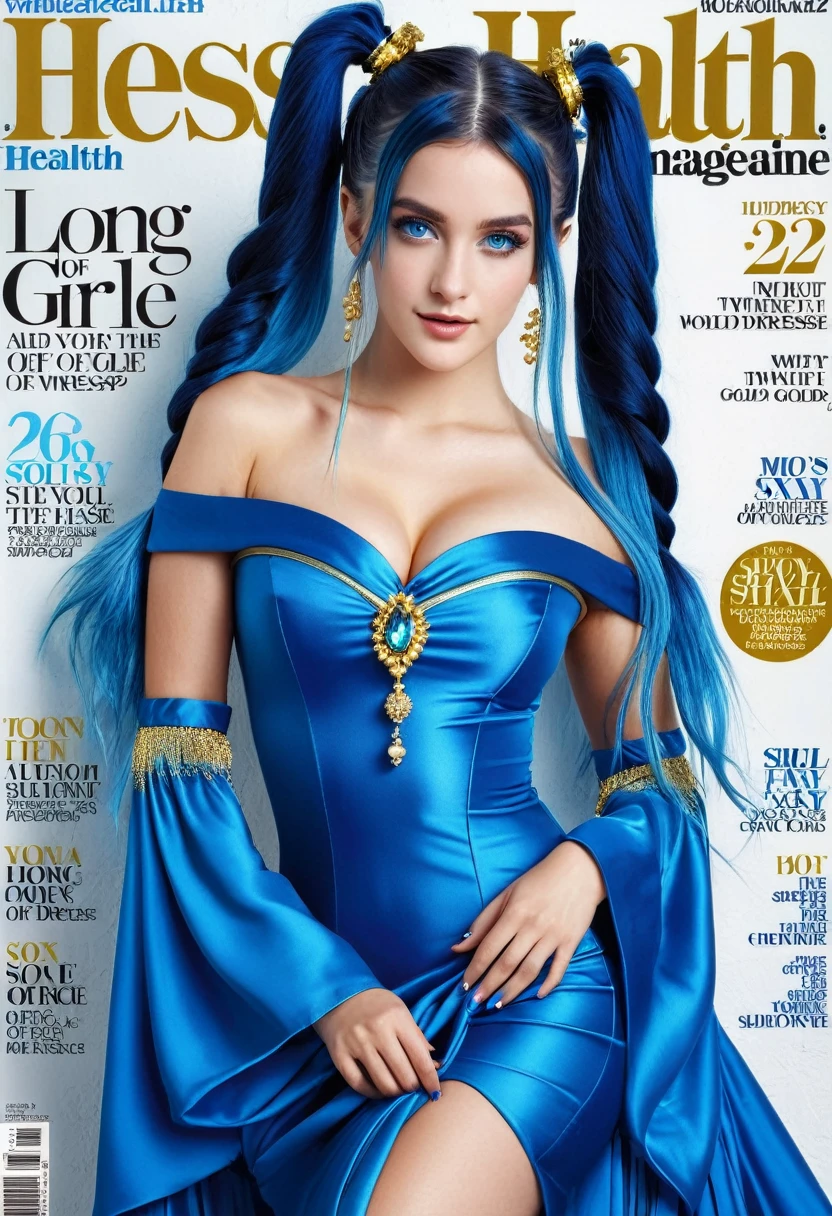 men's health magazine cover of 1girl long hair sexy adult woman sona, blue hair, blue eyes, gradient hair, twintails, hair ornament, long hair, off shoulder, blue dress with gold trim, cleavage, wide sleeves, PA7_Photo 