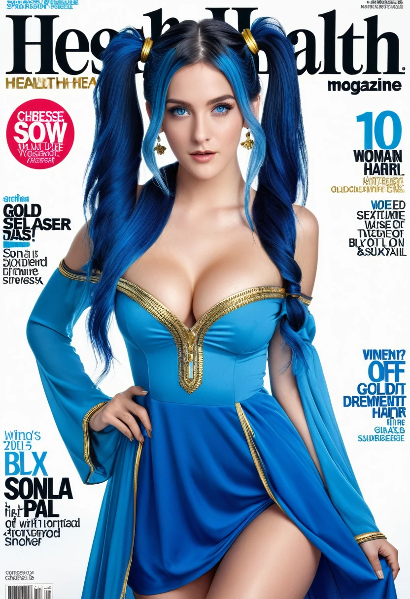 men's health magazine cover of 1girl long hair sexy adult woman sona, blue hair, blue eyes, gradient hair, twintails, hair ornament, long hair, off shoulder, blue dress with gold trim, cleavage, wide sleeves, PA7_Photo