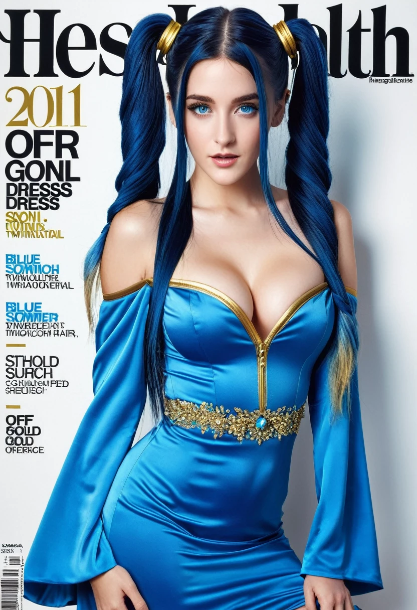 men's health magazine cover of 1girl long hair sexy adult woman sona, blue hair, blue eyes, gradient hair, twintails, hair ornament, long hair, off shoulder, blue dress with gold trim, cleavage, wide sleeves, PA7_Photo