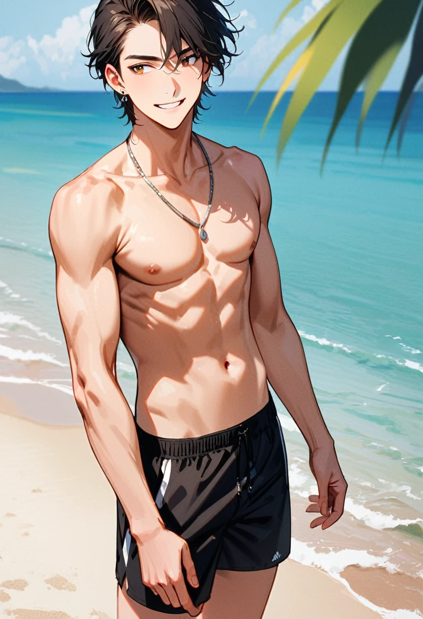 A young man, 22-years-old, solo, Caucasian, masculine face, shaggy tousled black hair, brown eyes, cheerful smile, mouth open, no shirt, shirtless, black swimming trunks, thin silver necklace, small silver earrings, beach, looking off into the distance