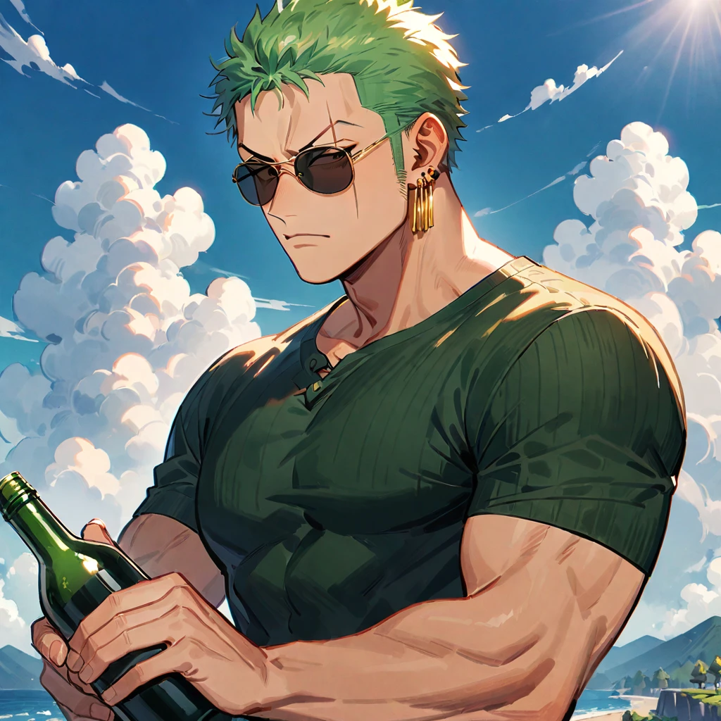 male focus, 1boy, roronoa zoro, solo, scar across eye, green hair, jewelry, earrings, short hair, scar, sunglasses, cloud, scar on face, sky, holding bottle, bottle, upper body, sideburns, shirt, holding, looking at viewer, ((medium quality)), ((medium quality))