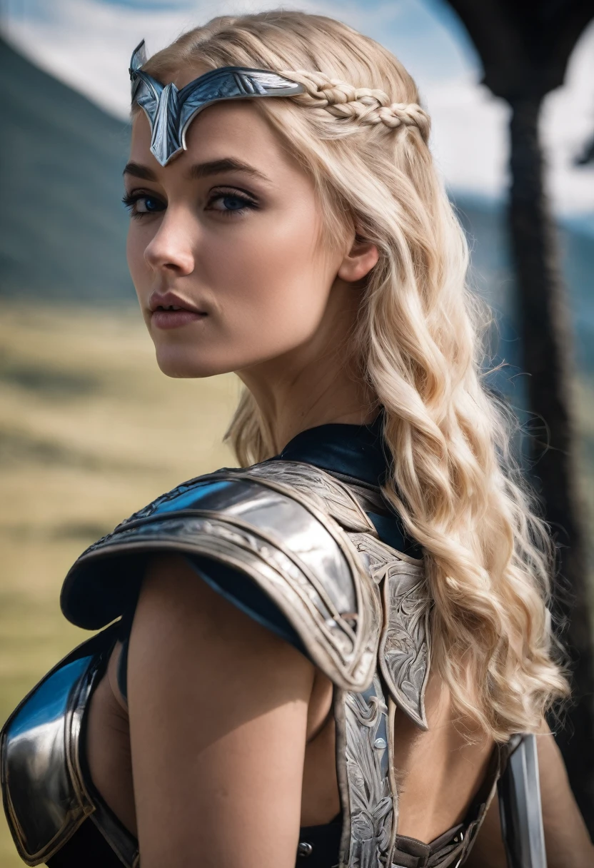 rear view of sexy young blonde female valkyrie 