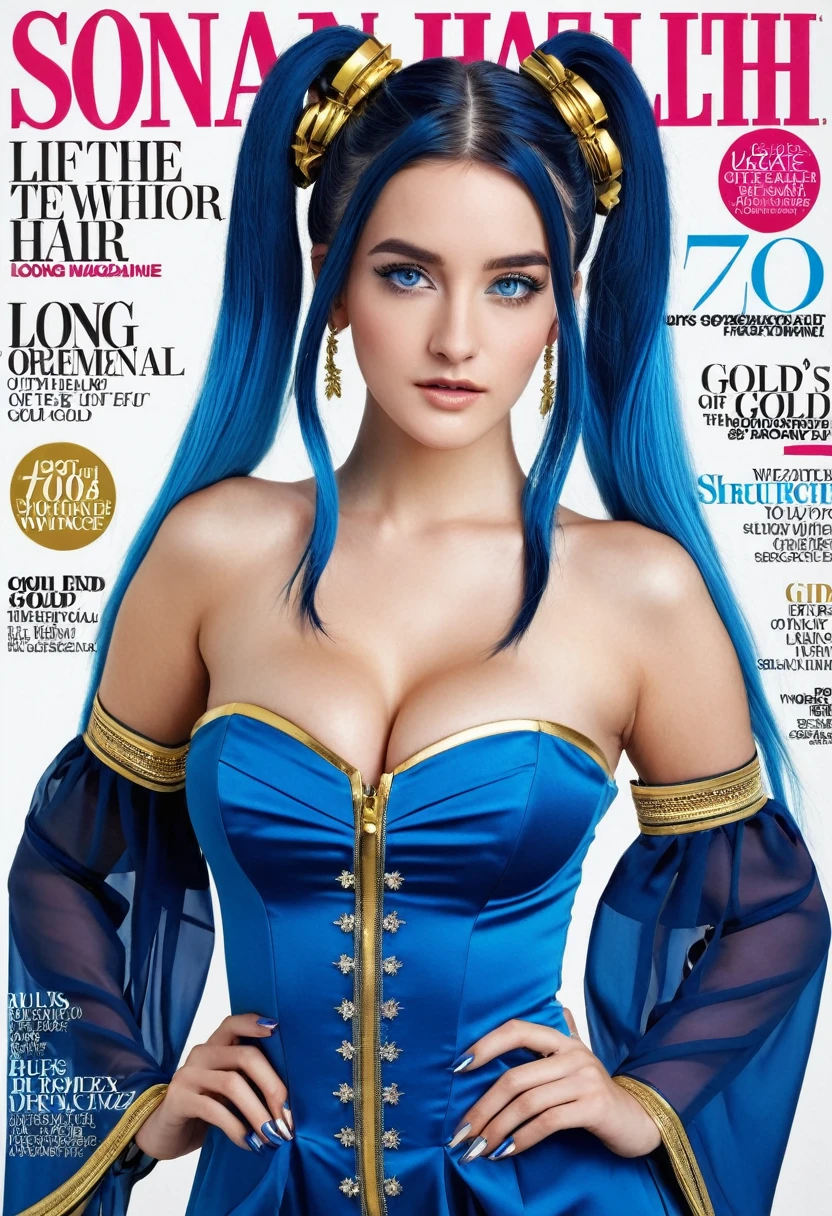 men's health magazine cover of 1girl long hair sexy adult woman sona, blue hair, blue eyes, gradient hair, twintails, hair ornament, long hair, off shoulder, blue dress with gold trim, cleavage, wide sleeves, PA7_Photo 