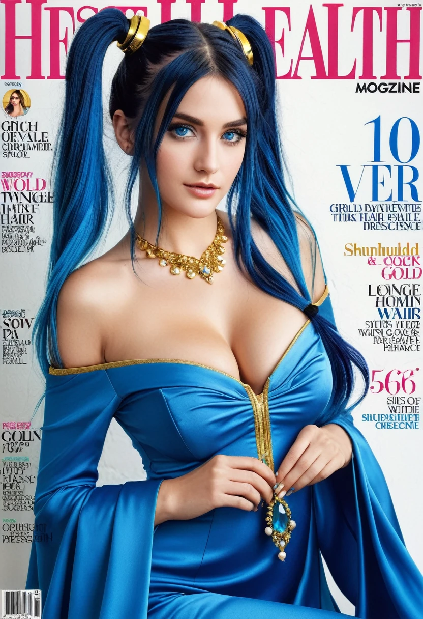 men's health magazine cover of 1girl long hair sexy adult woman sona, blue hair, blue eyes, gradient hair, twintails, hair ornament, long hair, off shoulder, blue dress with gold trim, cleavage, wide sleeves, PA7_Photo