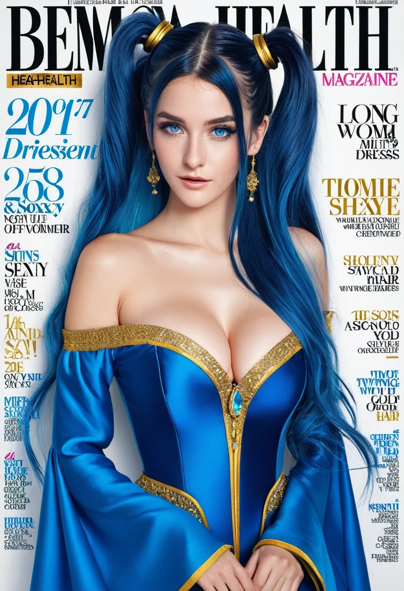 men's health magazine cover of 1girl long hair sexy adult woman sona, blue hair, blue eyes, gradient hair, twintails, hair ornament, long hair, off shoulder, blue dress with gold trim, cleavage, wide sleeves, PA7_Photo 