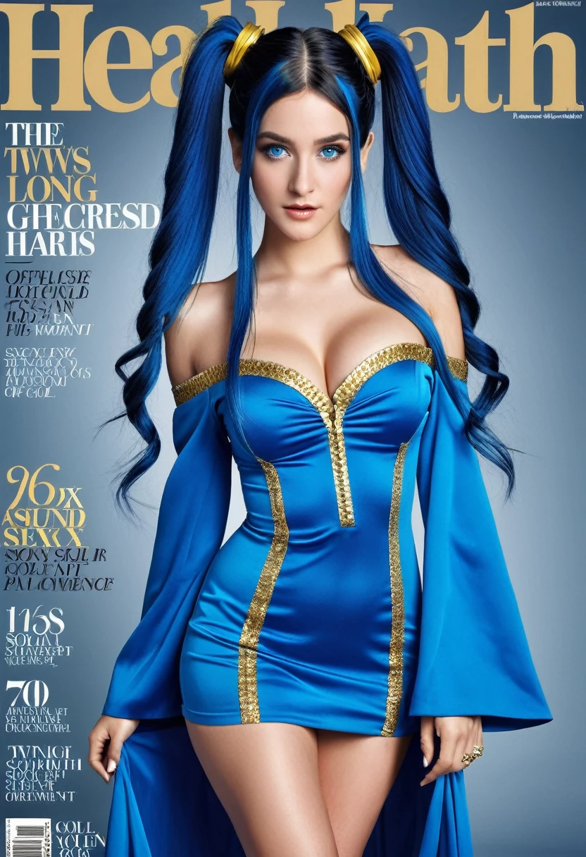 men's health magazine cover of 1girl long hair sexy adult woman sona, blue hair, blue eyes, gradient hair, twintails, hair ornament, long hair, off shoulder, blue dress with gold trim, cleavage, wide sleeves, PA7_Photo