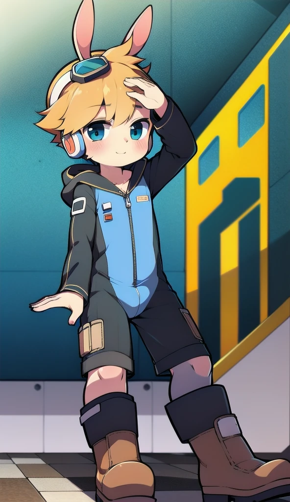 2D Boy Shota，One-piece mountaineering suit，Slim, healthy body，Put the headphones on your head，stand up，goggles，Rabbit ears，happy，Sailor collar，tie，Zipper pulled down，boots，hood