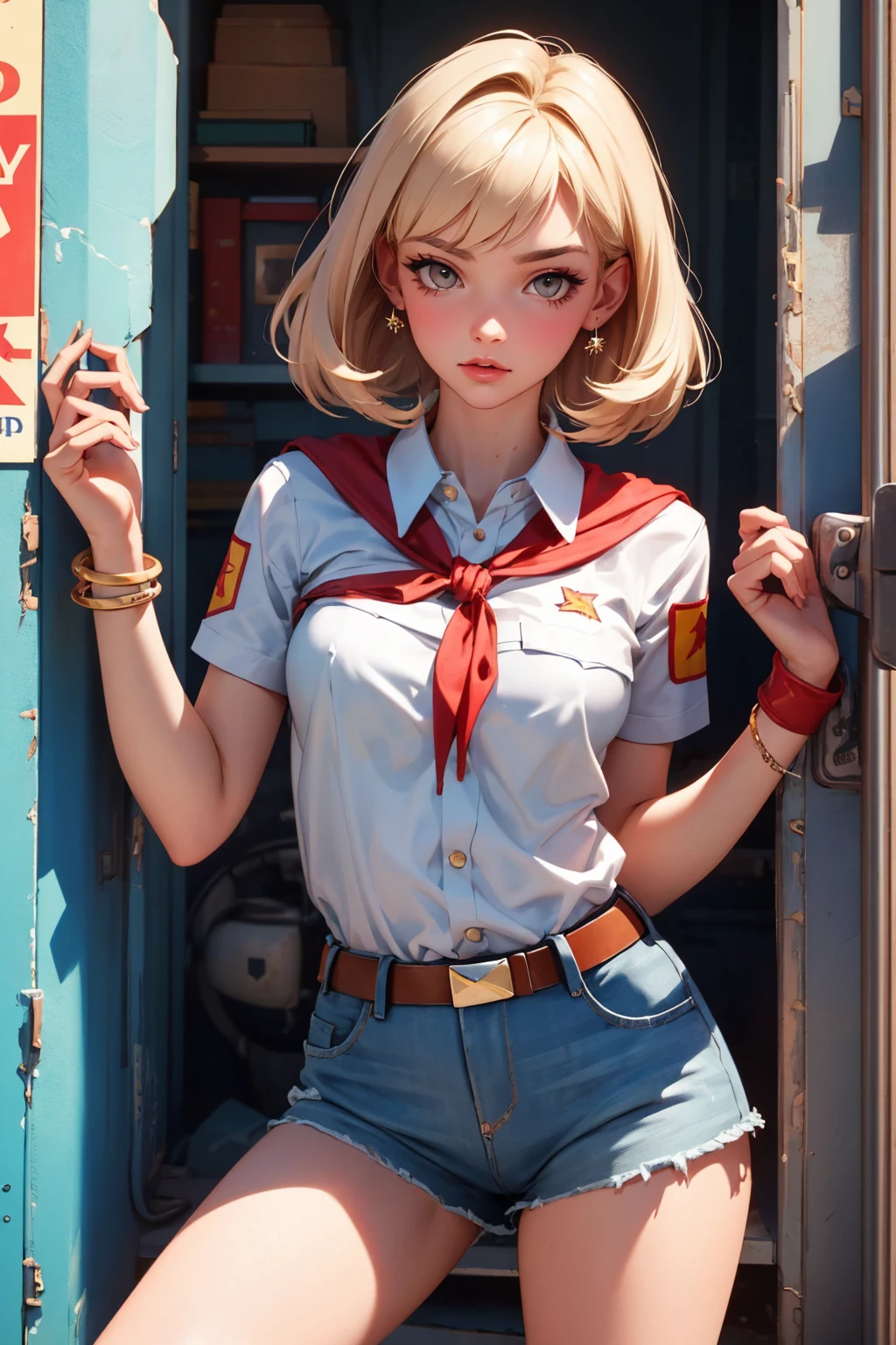 Teenage soviet pioneer girl-model 18 years old, beautiful, too much tanned girl, blonde, bob hair, bangs, brown eyes, beautiful figure, girl wearing crop white shirt and too much short mini shorts, slim long legs, slave bracelets, manicure, cute makeup, flirtatiously posing, hot summer, hot flirty, hot summer outfit, top quality, higest quality, pin-up style, retro 80s style, soviet pioneer style