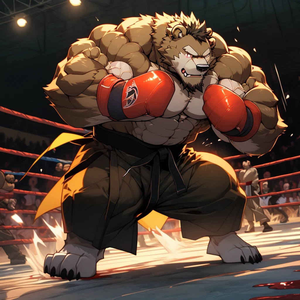 1boy, solo, muscular old man (furry grizzly bear) (bleeding, blood on body), ((fighting arena)), huge muscular, short hair, wearing kickboxing martial arts shorts, (cinematic light vfx background), dark background